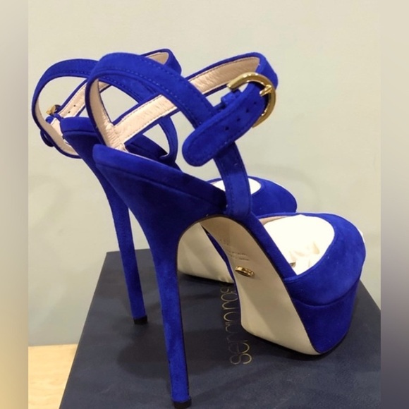 $895 SERGIO ROSSI Royal Blue Lux Suede Leather Platform Sandals Heels 37.5 7.5 - Picture 1 of 9